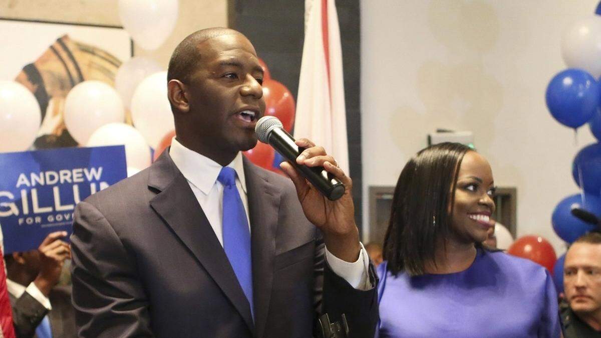 Andrew Gillum and his wife, R. Jai, addresses his supporters after winning the Democratic primary for Florida governor.