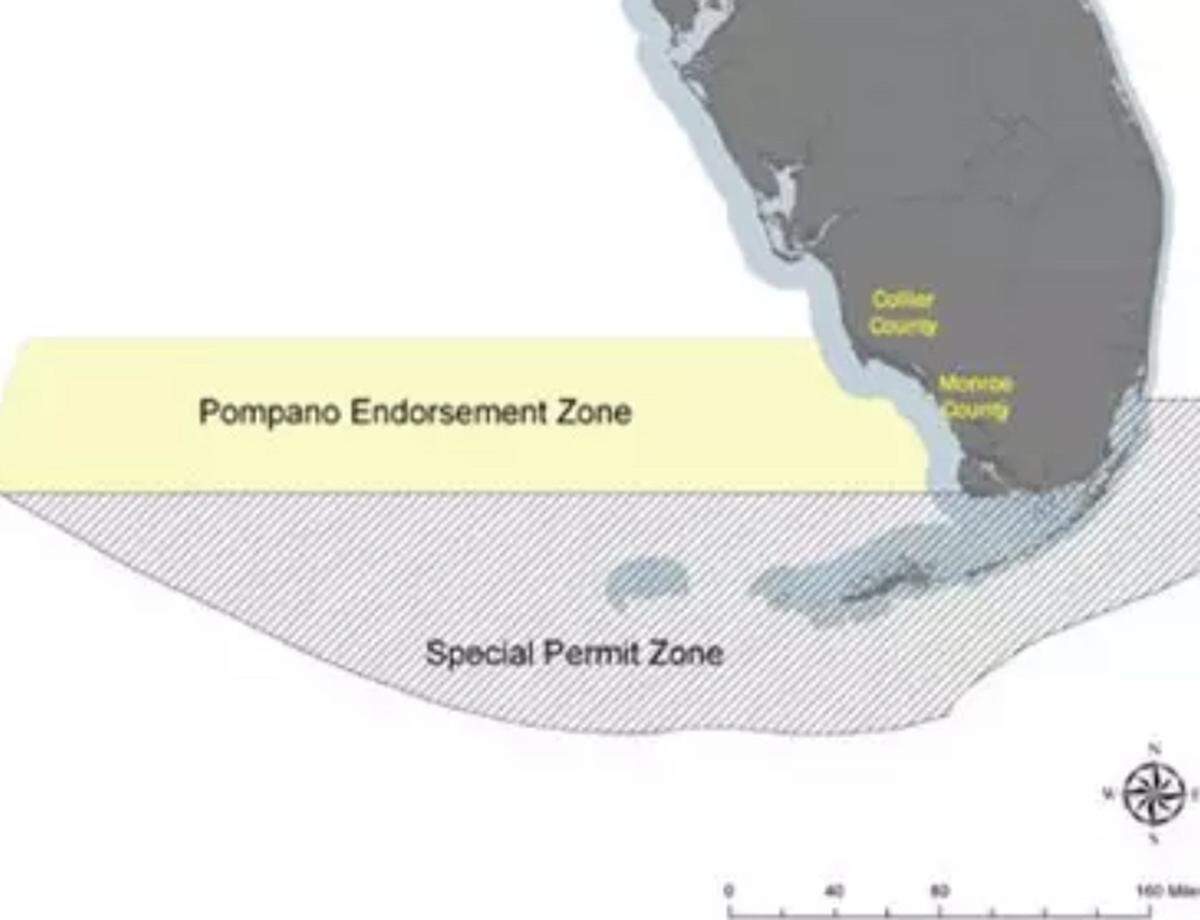A map shows an area in federal waters off Collier County and some of mainland Monroe County known as the Pompano Endorsement Zone. Commercial anglers with a certain license are allowed to catch pompano in the area using gillnets.