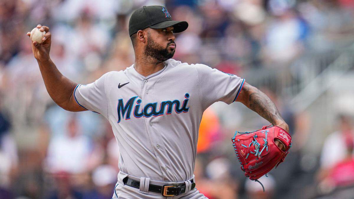 Miami Marlins starting pitcher Sandy Alcantara (22) pitches against the Atlanta Braves during the second inning at Truist Park.