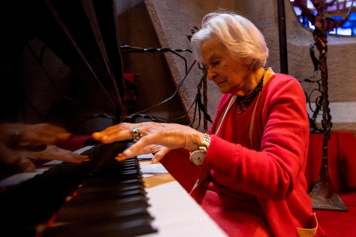 Longtime congregant of Temple Israel of Greater Miami Ruth Greenfield, 98, plays a piano inside the synagogue’s Sophie & Nathan Gumenick Chapel in Miami on March 11, 2022.