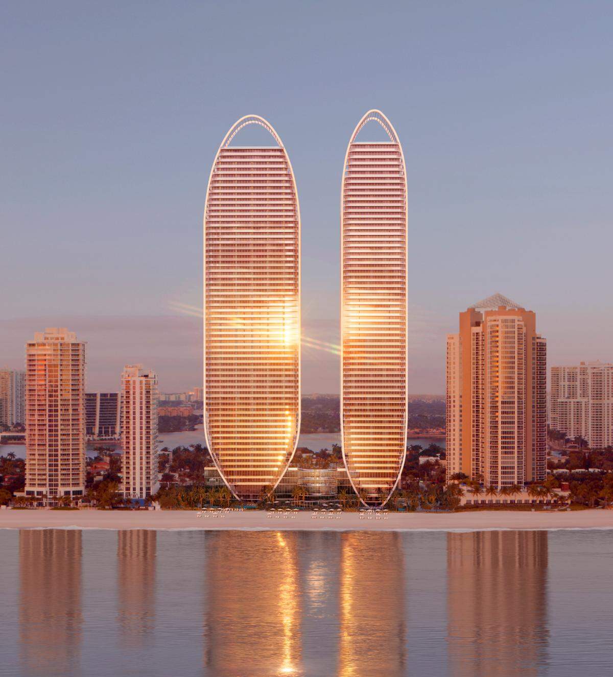 Marriott supervisará la administración de St. Regis Residences, Sunny Isles Beach una vez que se complete el proyecto. Arriba: Una representación de las torres gemelas de 62 pisos.