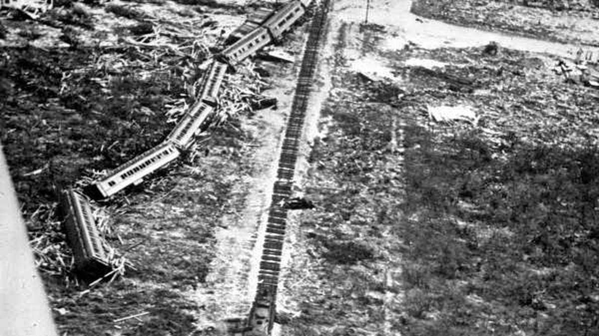 A rescue train swept off the tracks by the 1935 Labor Day Hurricane in the Florida Keys, the most intense U.S. hurricane, with maximum sustained winds of 185 mph.