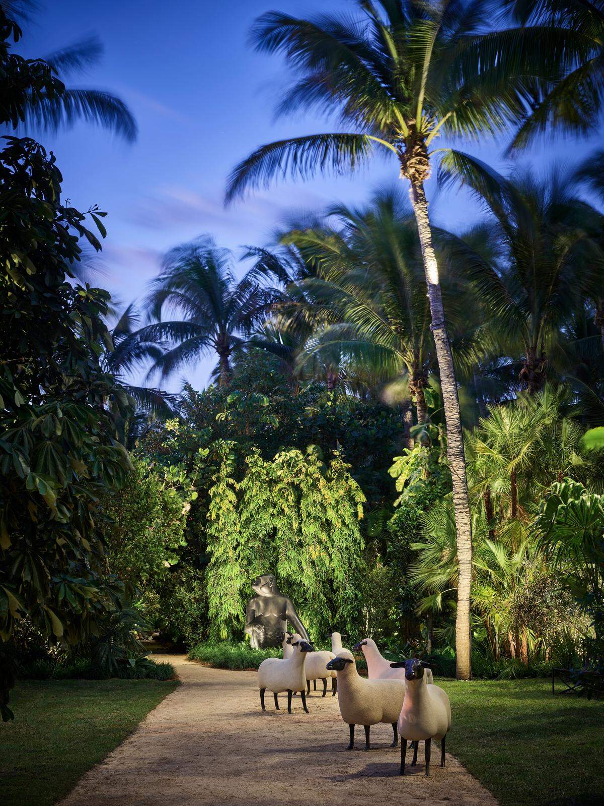 Gorillas, sheep and a vertible menagerie of other animals by Les Lalanne are part of the tropical garden installation at The Raleigh hotel on Miami Beach.