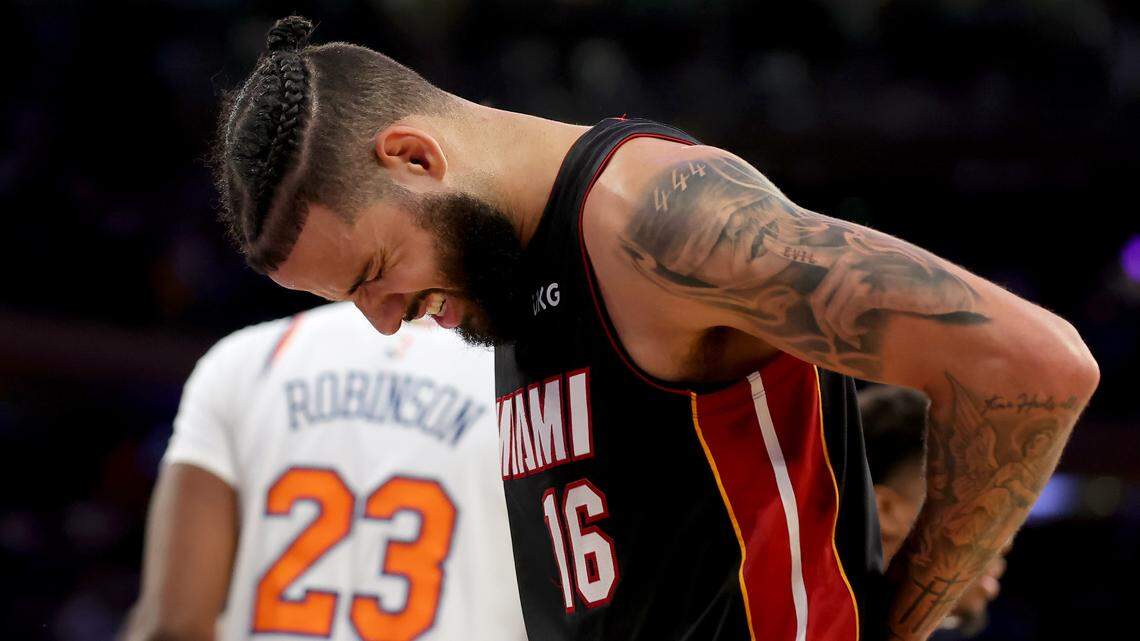 Miami Heat forward Caleb Martin (16) reacts during the fourth quarter of game two of the 2023 NBA Eastern Conference semifinal playoffs against the New York Knicks at Madison Square Garden.