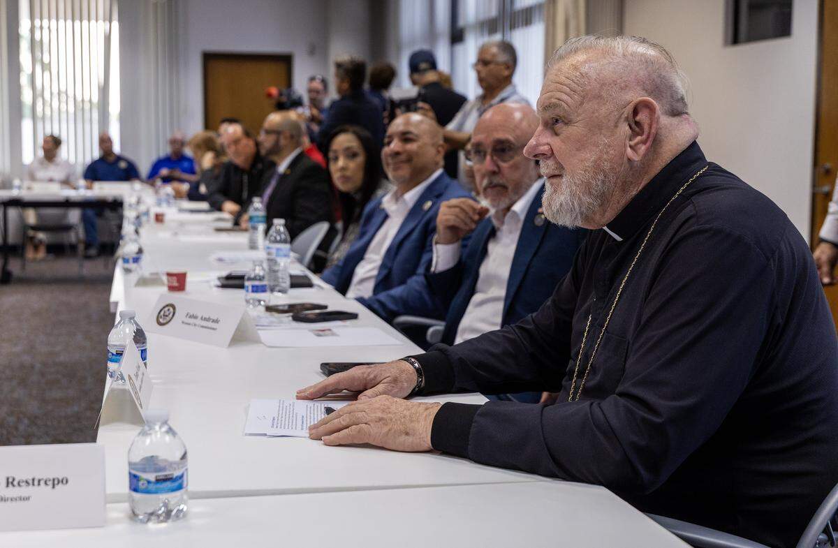 Archbishop Thomas Wenski speaks during a roundtable to discuss the “Dignity Act” bill by Congresswoman María Elvira Salazar, at the Westchester Regional Library, with a group of community leaders, on Tuesday September 23, 2025.