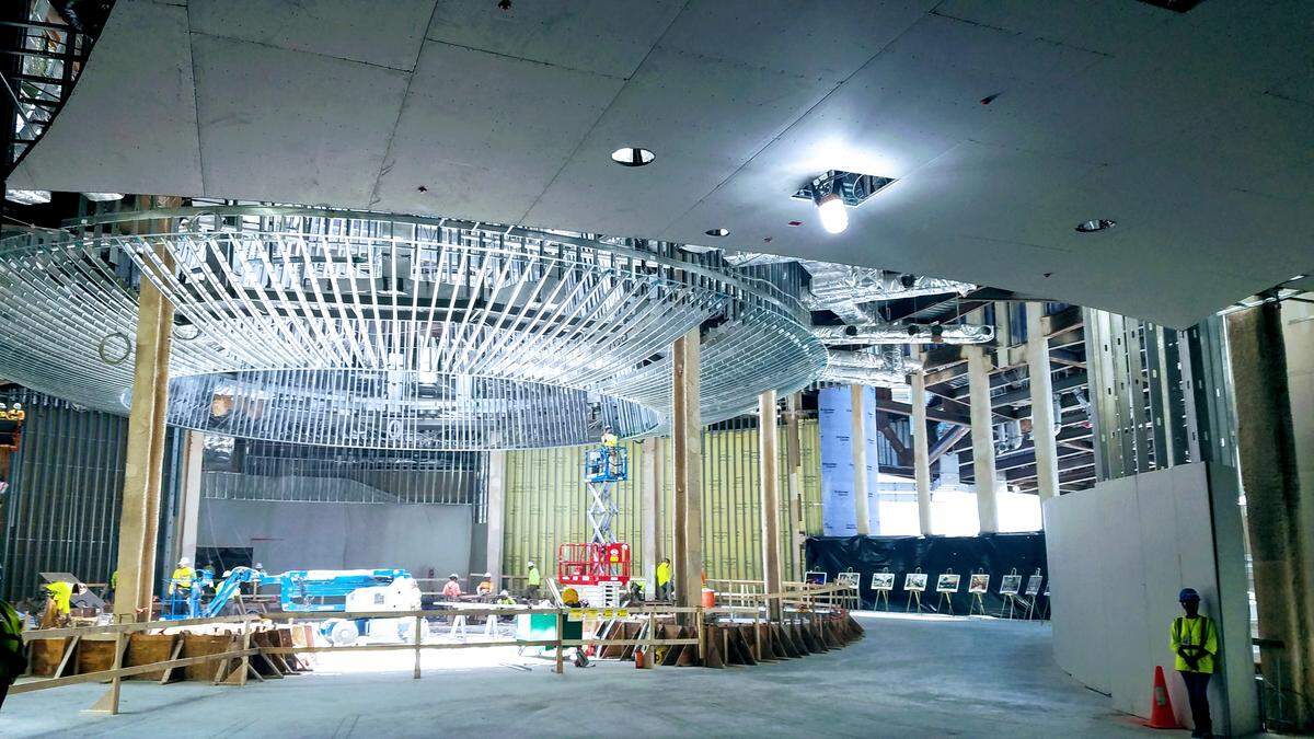 Construction crews are still working on The Oculus, part of the interior of the guitar hotel, which will blend music, water and light in a choreographed show.