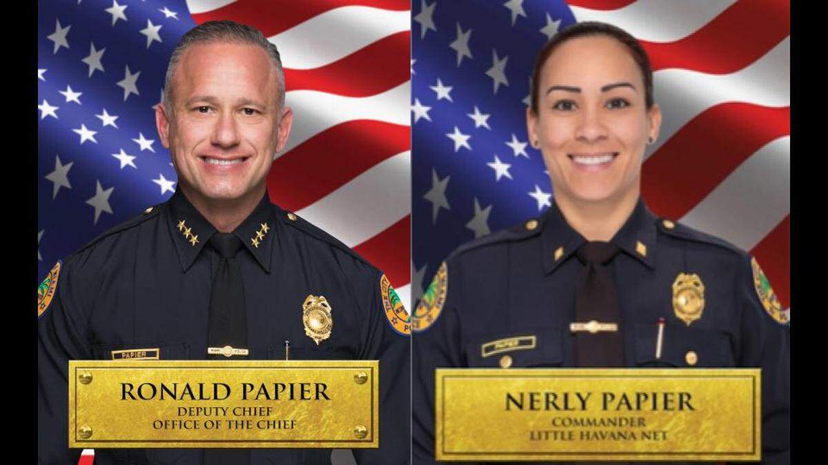 Miami Deputy Chief Ronald Papier and his wife, Cmdr. Nerly Papier continue to fight to retain their jobs after an internal affairs investigation determined they ignored protocol after Nerly Papier crashed her patrol vehicle in early April.