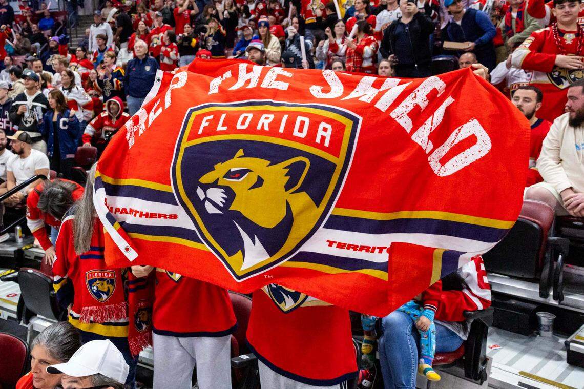 Fans wave a flag after their team scored against the Detroit Red Wings during the second period of an NHL game at Amerant Bank Arena on Thursday, April 10, 2025, in Sunrise, Fla.
