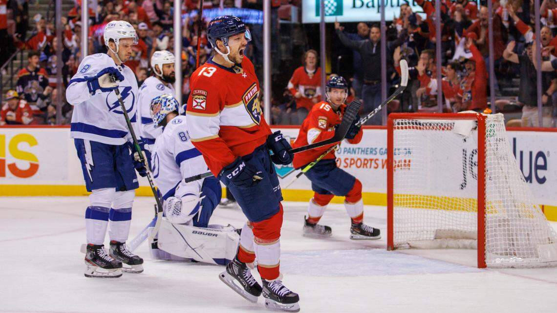 Florida Panthers center Sam Reinhart (13) reacts after scoring a goal during the first period of an NHL game against the Tampa Bay Lightning at the FLA Live Arena on Sunday, April 24, 2022 in Sunrise, Fl.