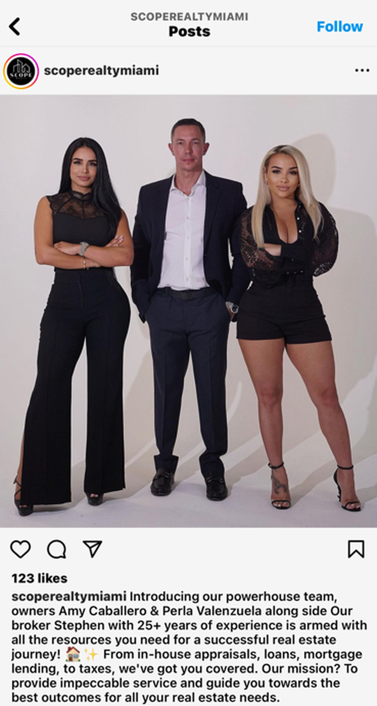 Scope Realty represents commercial and residential real estate clients in South Florida. Above: Scope Realty co-owners Amy Caballero, Stephen Costa, and Perla Valenzuela.