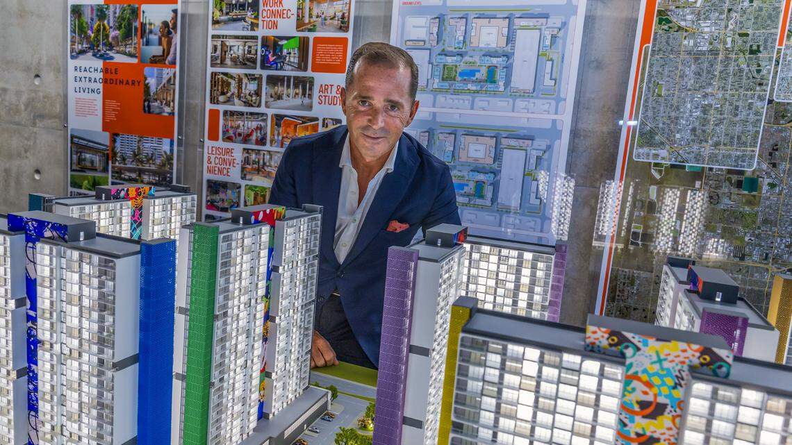 Spanish real estate developer Pablo Castro, posed next to the scale model of The HueHub, an $880 million mixed-use development he is planning to built in Miami’s West Little River district, on Thursday, September 11, 2025. 