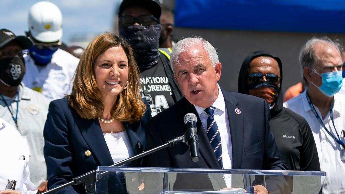 Republican U.S. Reps. Maria Elvira Salazar and Carlos Gimenez speak during a press conference about the cruise line and tourism industry at PortMiami on April 9, 2021.
