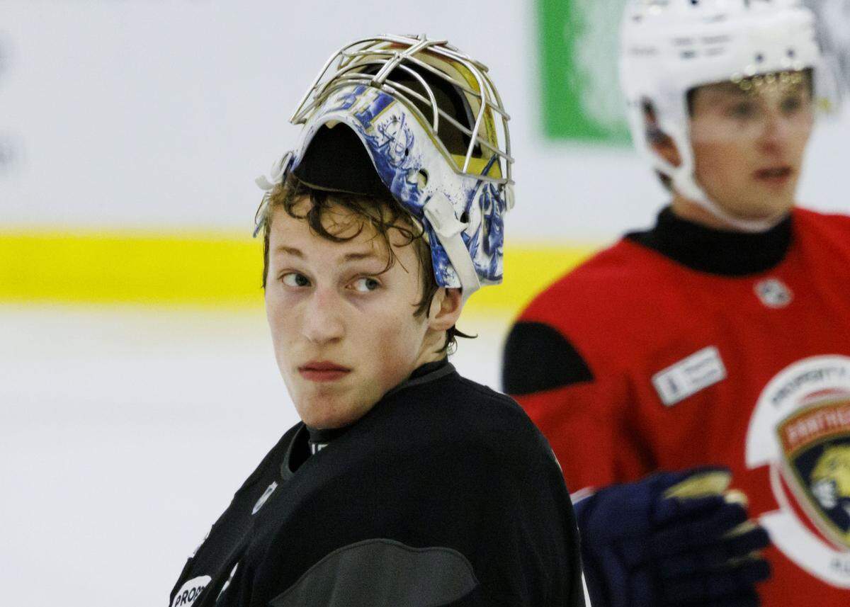 Goaltender Cooper Black (31) looks down the ice during the first practice of Florida Panthers training camp on Thursday, Sept. 18, 2025, at Baptist Health IcePlex in Fort Lauderdale, Fla. 