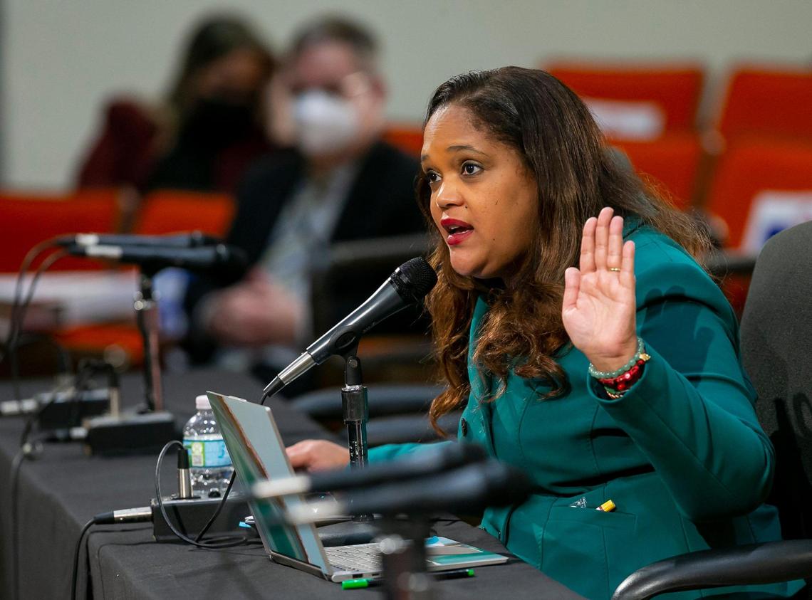 Candidate for Miami-Dade Public Schools Superintendent Rafaela Espinal participates in a public interview at the school board’s headquarters in downtown Miami, Florida on Monday, January 24, 2022. Espinal, a nearly 30-year veteran with the New York City Department of Education, is one of three finalist applying for the position of superintendent.
