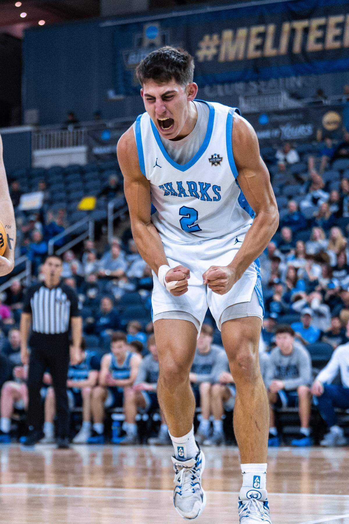 NSU guard MJ Iraldi celebrates during the Sharks’ 94-68 win over Washburn University in an NCAA Division-II national semifinal on Thursday night in Evansville, Indiana.
