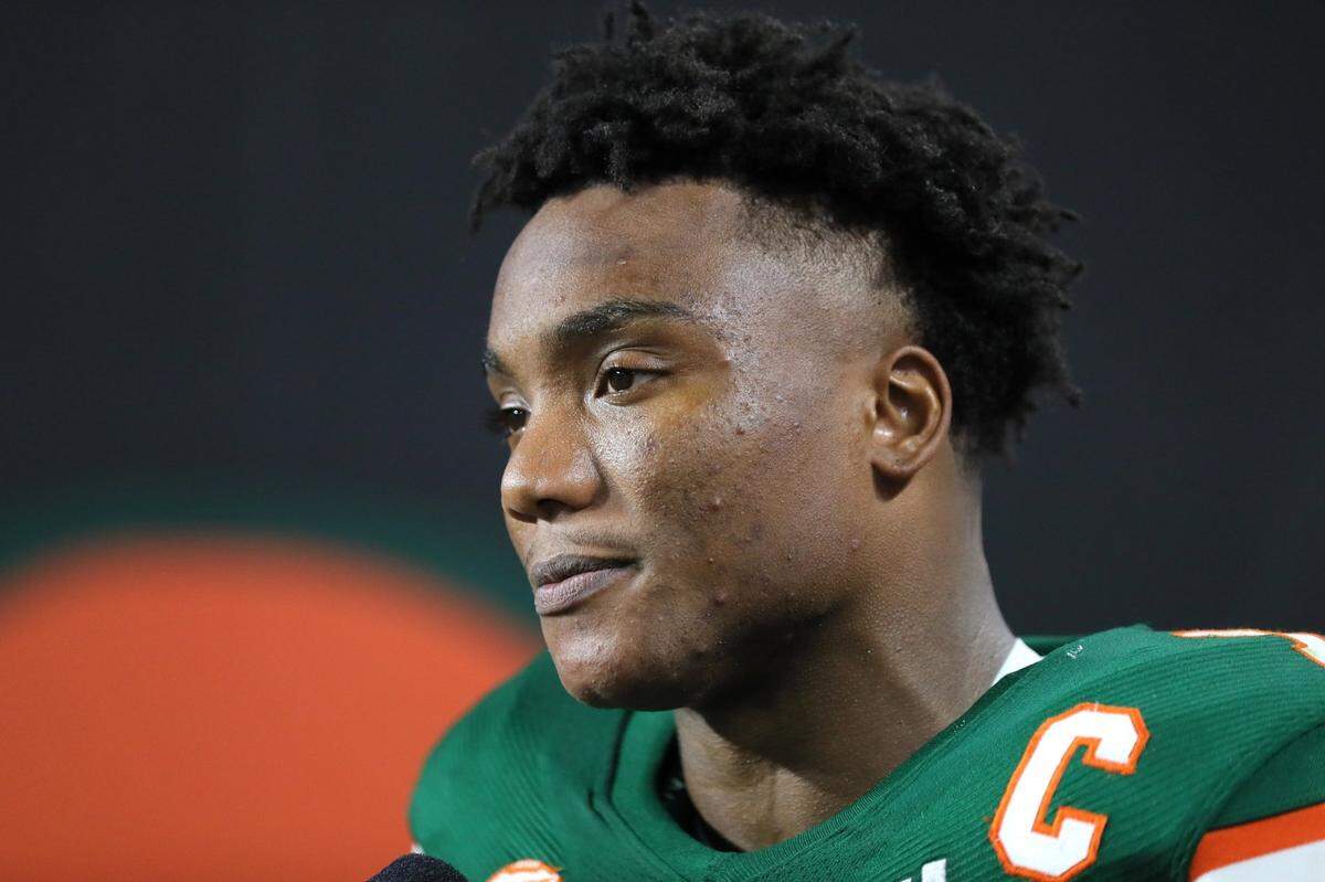 Miami Hurricanes quarterback D’Eriq King (1) looks on after the Canes defeat Florida State University Seminoles 52-10 at Hard Rock Stadium in Miami Gardens on Saturday, September 26, 2020.