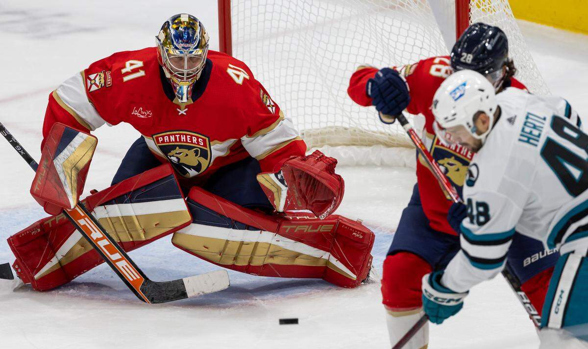 Florida Panthers goaltender Anthony Stolarz (41) blocks a shot by San Jose Sharks center Tomas Hertl (48) in the third period of their NHL game at the Amerant Bank Arena on Tuesday, Oct. 24, 2023, in Sunrise, Fla.