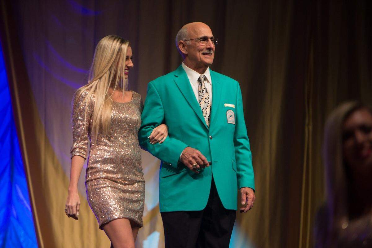 Manny Fernandez, former defensive tackle for the Miami Dolphins, during a red carpet event at the Dolphins gala for the 50th Season All Time Team at the Dolpomat Resort and Spa in Hollywood, Fla., on Dec. 11, 2015.