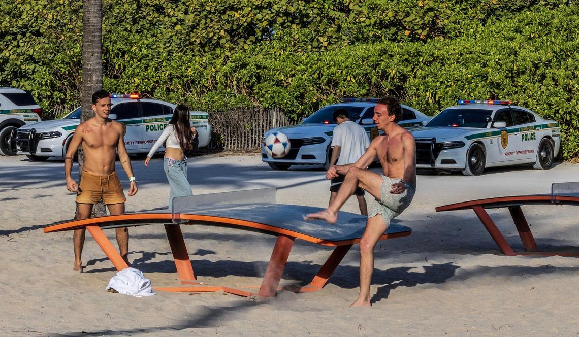 Pierre Francesco (left) and Luigi visiting from Italy play Teqball at Lummus Park, on Ocean Drive, during spring break, in Miami Beach, Florida. on Saturday March 22, 2025.