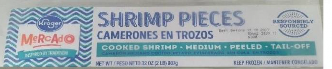 The top of recalled 2-pound bags of Kroger Mercado Cooked Medium Peeled Tail-Off Shrimp.