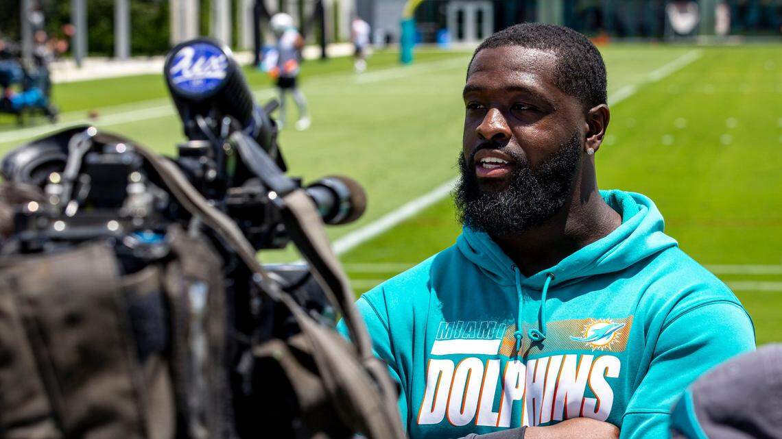 Miami Dolphins tackle Terron Armstead speaks to the media after the first mandatory practice of the season at Baptist Health Training Complex in Miami Gardens, Florida, on Wednesday, June 1, 2022.
