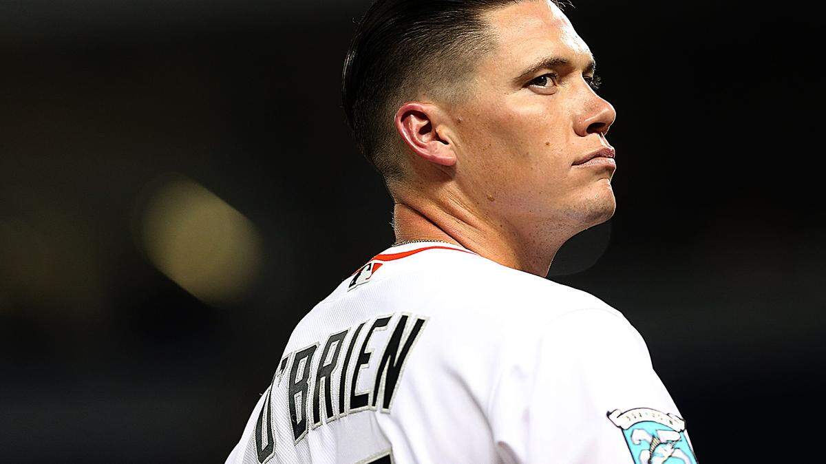 The Marlins’ #45 Peter O’Brien joins his teammates on the field for the National Anthem as the Miami Marlins host the Philadelphia Phillies  on Tuesday, September 4, 2018.