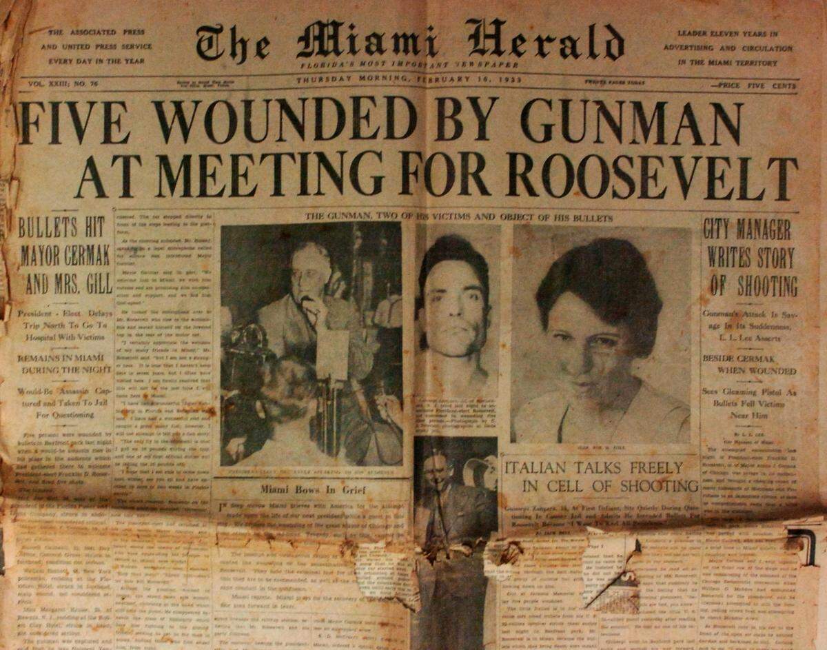 The front page of The Miami Herald on the day after the assassination attempt by Giuseppe Zangara on FDR at Miami’s Bayfront Park on Feb. 14, 1933.