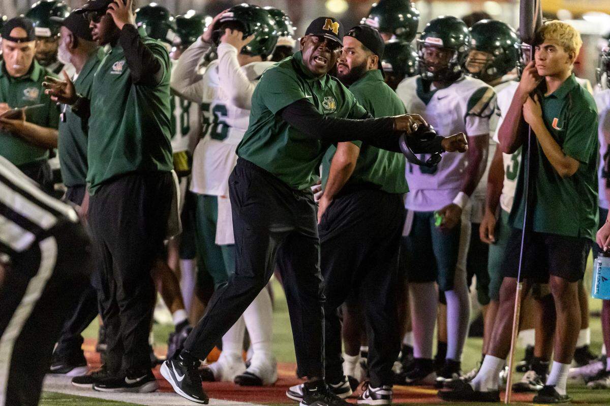 Mater Head Coach Tim "Ice" Harris reacts from the sideline during the first half of a high school football game at Doral Academy on Thursday, August 28, 2025, in Doral, Fla.
