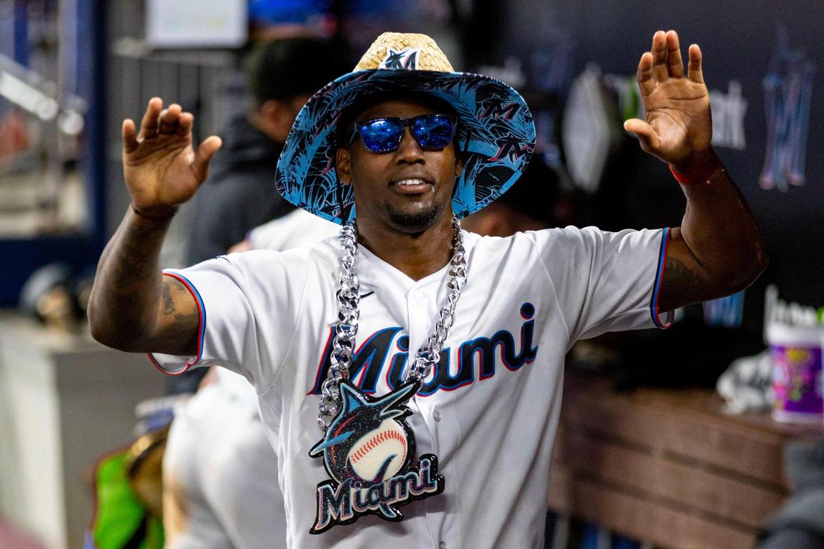 Miami Marlins player Jorge Soler (12) reacts in the Marlins dugout after he hit a walk-off two-run homerun to defeat the Washington Nationals 5-4 during the ninth inning of an MLB game at loanDepot park in the Little Havana neighborhood of Miami, Florida, on Tuesday, May 16, 2023.