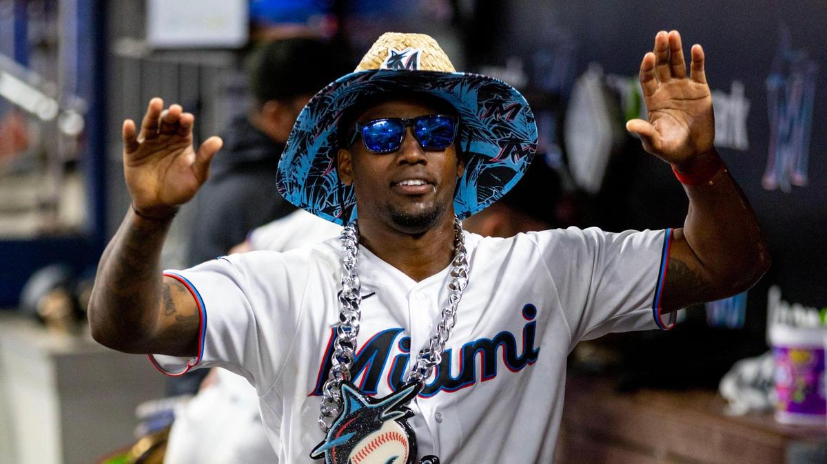 Miami Marlins player Jorge Soler (12) reacts in the Marlins dugout after he hit a walk-off two-run homerun to defeat the Washington Nationals 5-4 during the ninth inning of an MLB game at loanDepot park in the Little Havana neighborhood of Miami, Florida, on Tuesday, May 16, 2023.