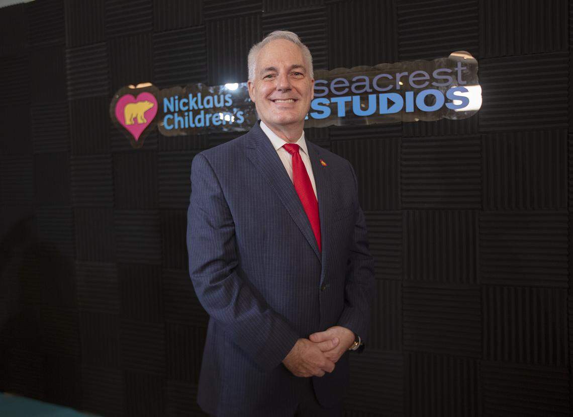 Matthew Love, president and CEO of Nicklaus Children’s Health System, arrives on the red carpet for the Seacrest Studio grand opening at Nicklaus Children’s Hospital on Tuesday, Dec. 9, 2025, in Miami.