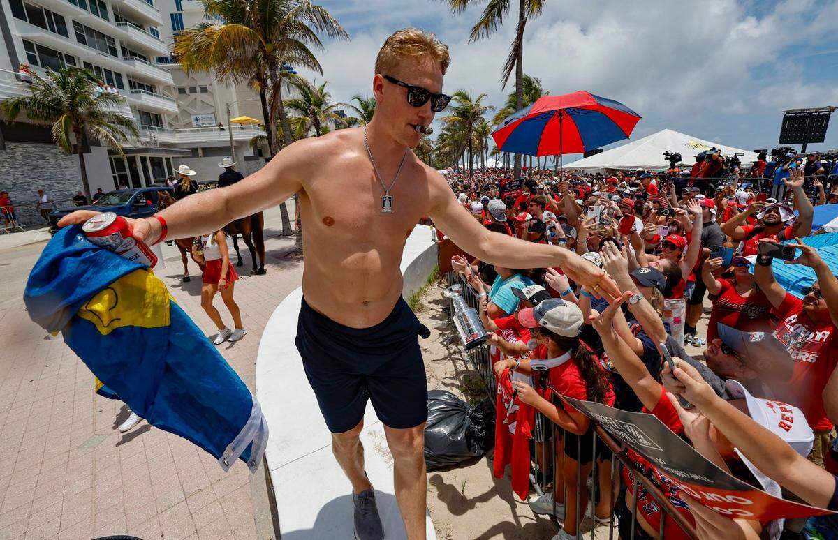 Florida Panthers defenseman Gustav Forsling greets fans during the Florida Panthers Stanley Cup victory parade and rally at the beach along A1A in Fort. Lauderdale, Florida on Sunday, June 22, 2025.