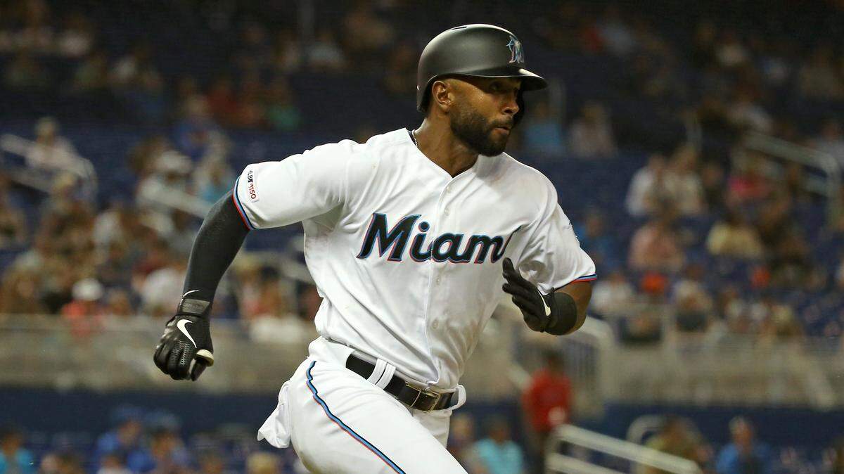 Miami Marlins right fielder Isaac Galloway (79) runs to first base after hiting a single during the fifth inning of Major League Baseball game against the Chicago Cubs at Marlins Park in Miami, Tuesday, April 16, 2019.