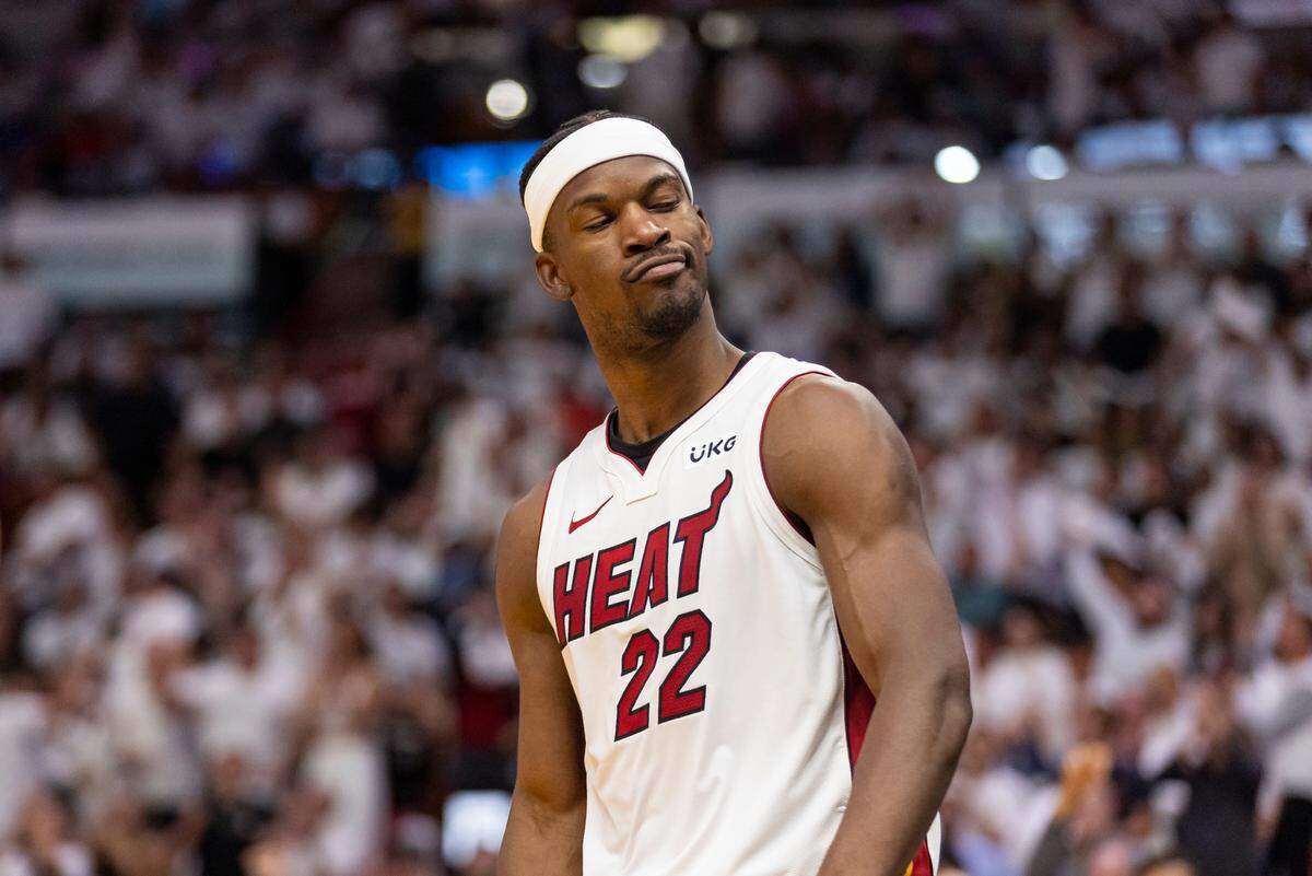Miami Heat forward Jimmy Butler (22) reacts after scoring against the Milwaukee Bucks during the fourth quarter of Game 4 in the first-round NBA basketball playoff series at the Kaseya Center on Monday, April 24, 2023, in downtown Miami, Fla.