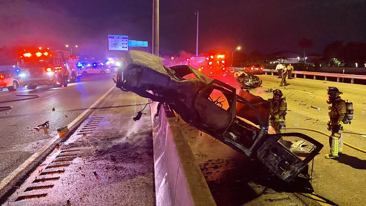 A major crash involving a car that was on fire caused a traffic nightmare on the Palmetto Expressway early Tuesday, Dec. 29, 2020 in Miami Lakes. 