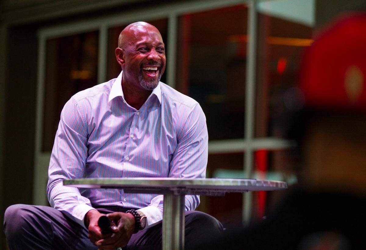 Alonzo Harding Mourning Jr., former Heat player, laughs at the end of an interview during the 2023 Miami Heat Draft Watch Party at Kaseya Stadium on Thursday, June 22, 2023 in Miami, Florida.