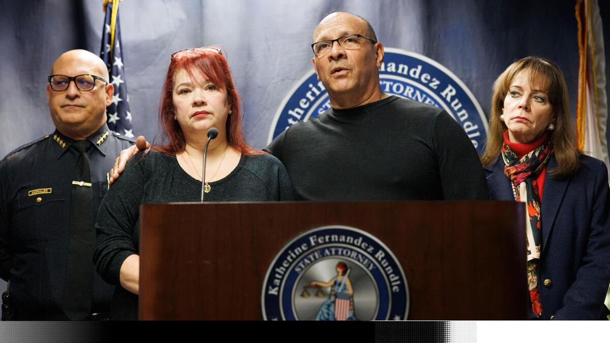 Anabel and William Herrera, center, parents of Bryan Herrera, the 16-year-old straight A student who was shot and killed in Miami in 2012 while riding his bike, speak during a press conference with State Attorney Katherine Fernandez Rundle, right, and City of Miami Police Chief Manuel A. Morales, left, on Wednesday, Jan. 22, 2025, at the State Attorney’s Office. A Miami-Dade grand jury indicted Adrian Oneal Grimes, 31, for Bryan’s death in December. Until now, it had been a cold case.
