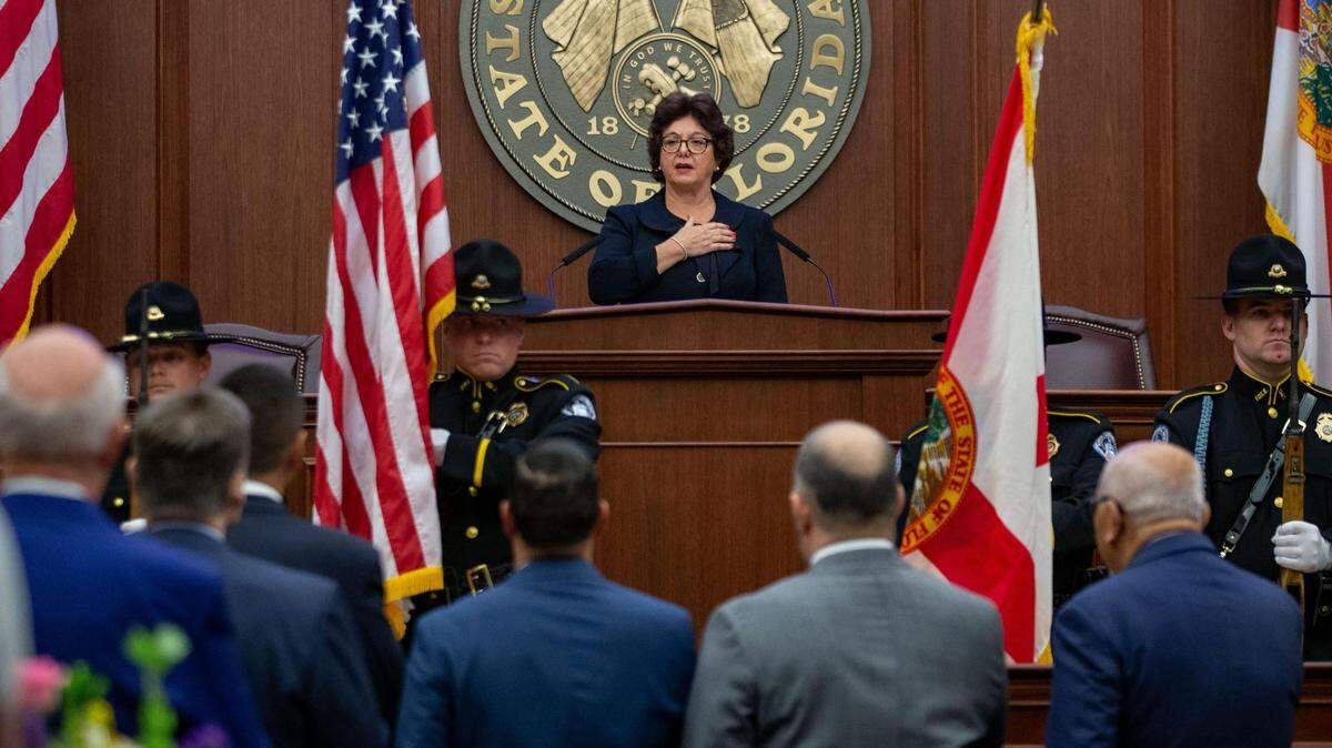 President of the Senate Kathleen Passidomo presents an opening statement to the Florida Senate during the opening day of the 2023 Florida Legislative Session Tuesday, March 7, 2023.