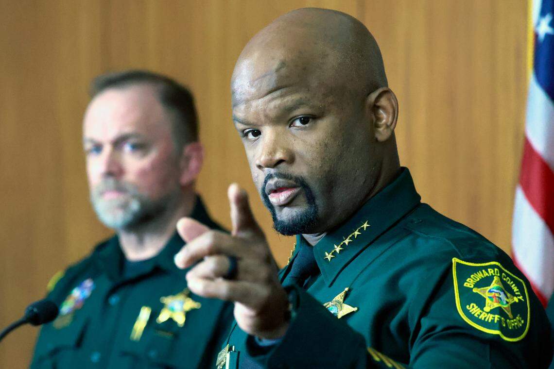 Broward County Sheriff Gregory Tony announces the suspension of seven BSO deputies with pay after the triple murders in Tamarac on Sunday, Feb. 16, 2025, at a news conference on Wednesday, Feb. 19, 2025. 