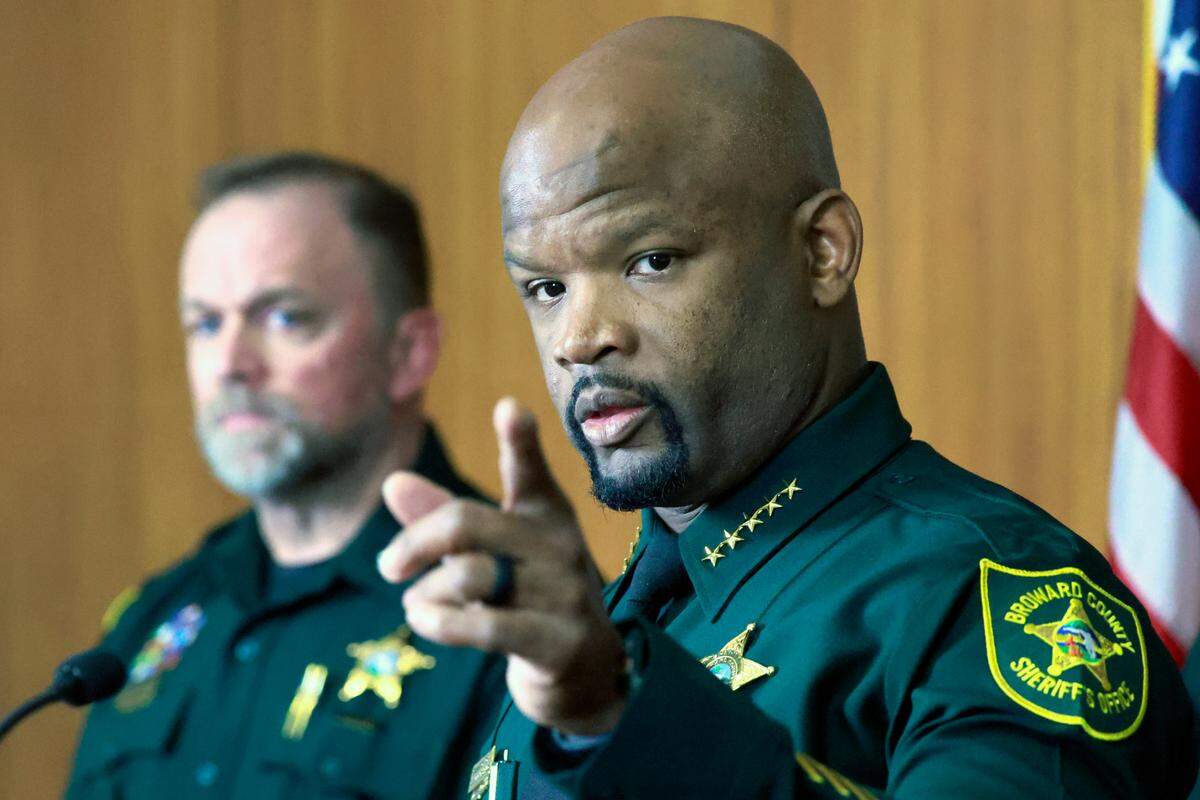 Broward County Sheriff Gregory Tony announces the suspension of seven BSO deputies with pay after the triple murders in Tamarac on Sunday, Feb. 16, 2025, at a news conference on Wednesday, Feb. 19, 2025.