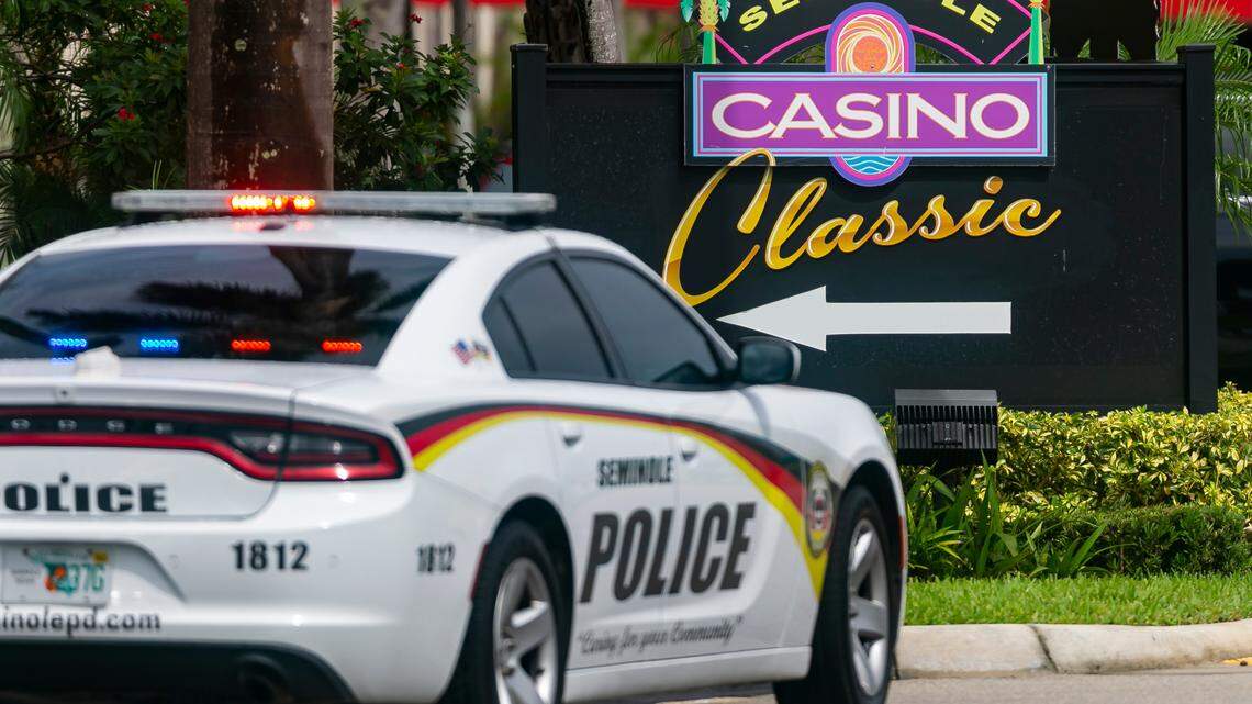 Police and fire rescue work a scene at the Seminole Classic Casino in Hollywood, Florida on Monday, September 13, 2021. Spokesmen for Hollywood Fire Rescue and the Seminole Tribe said the explosion injured 26 people and happened during the servicing of a fire suppression system.