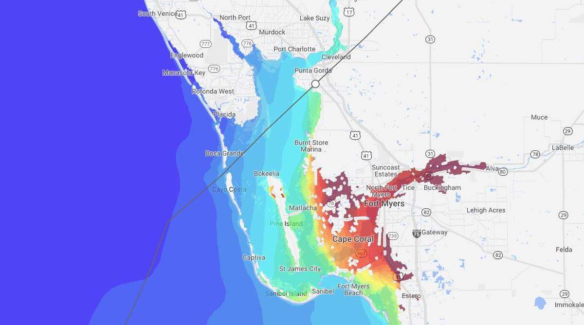 An image of the projected storm surge levels associated with Hurricane Ian on Florida’s Southwest coast by Louisiana State University suggests there could have been more than 10 feet of surge in some inland areas.