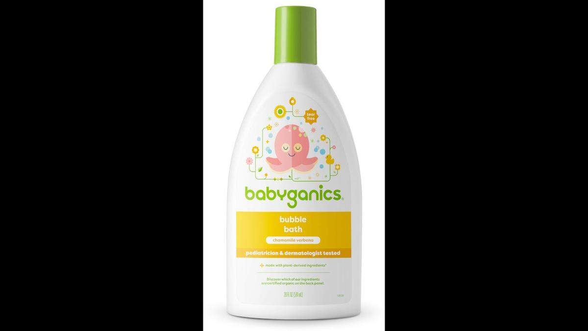 A 20-ounce bottle of babyganics chamomile verbena bubble bath