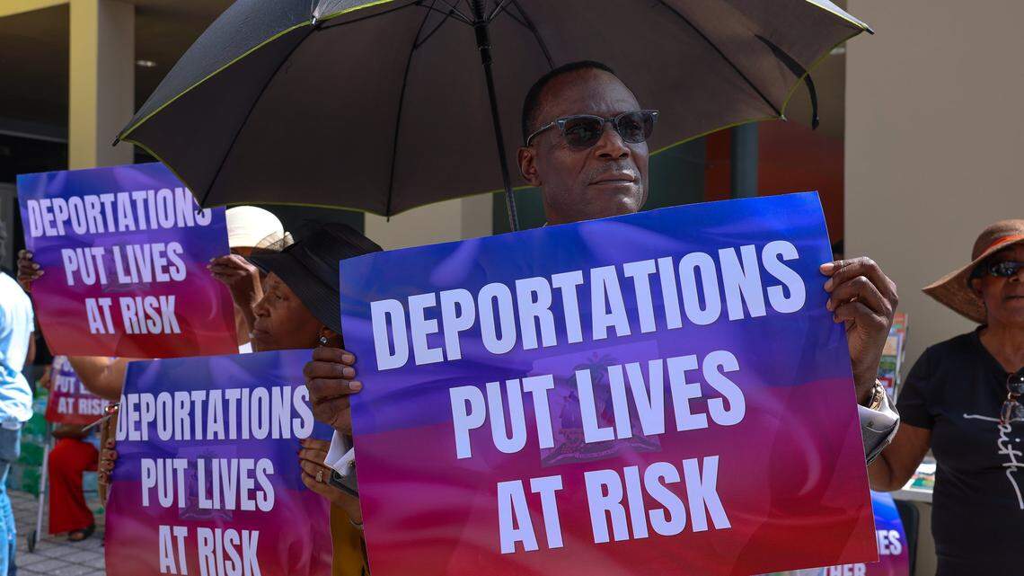 Members of the Haitian community hold signs in support for the extension of TPS and against deportation as Family Action Network Movement (FANM), alongside South Florida partners, led a rally on Sunday, April 26, 2026, calling on federal decision-makers to extend Temporary Protected Status (TPS) for Haitian nationals at the MoCA Plaza in North Miami, Florida. The mobilization comes at a critical moment as the Supreme Court of the United States prepares to hear oral arguments on the administration's attempt to terminate TPS for Haiti. The decision could place more than 350,000 Haitian nationals at risk of losing protection from deportation and work authorization, threatening the stability of their families. The April 26 event in North Miami is part of a broader series of pre-oral argument mobilizations, including actions in Atlanta on April 18 and in Washington, D.C., in front of the Supreme Court on April 29, coinciding with oral arguments.