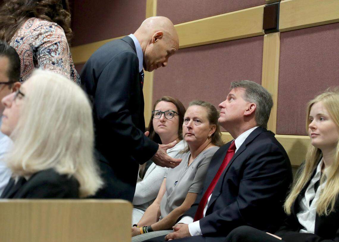 In a 2019 hearing, Broward County prosecutor Mike Satz spoke with Debbi Hixon, the widow of victim Chris Hixon who was in court for a hearing for Parkland school shooting suspect Nikolas Cruz. The families of victims have often greeted Satz warmly as he arrives for the ongoing sentencing trial of Cruz in the Broward Courthouse in Fort Lauderdale.