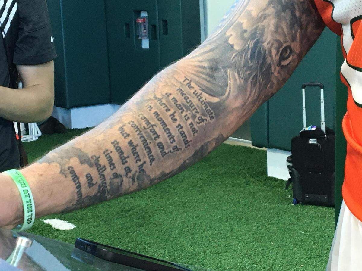 Miami Hurricanes tight end Cam McCormick, entering his eighth year of college football in 2023, has endured many injuries and obstacles in his career. He has an inspirational tattoo on his right arm.