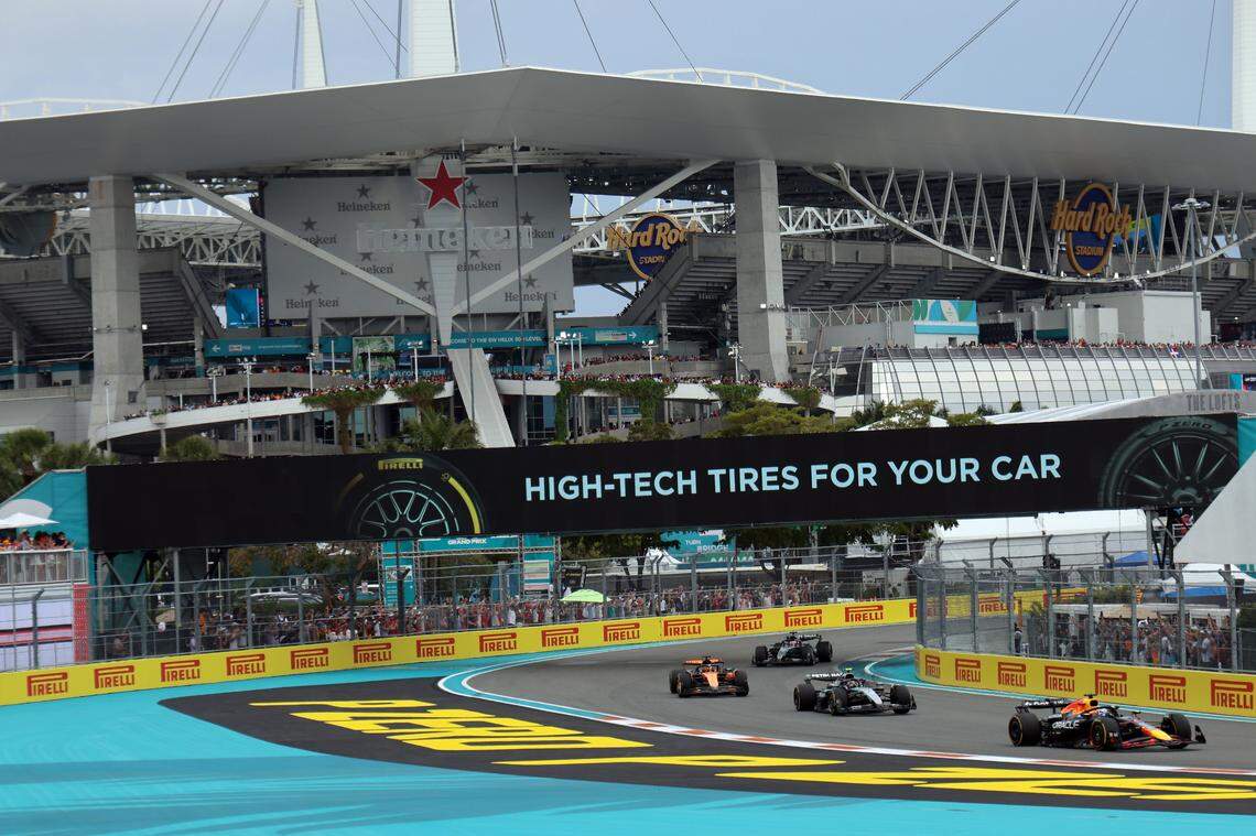 Red Bull Racing driver Max Verstappen of Netherlands, far right, leads Mercedes driver George Russell of Britain, left, McLaren driver Oscar Piastri of Australia, and Mercedes driver Andrea Kimi Antonelli of Italy into Turn #6 during the Formula One Miami Grand Prix at the Miami International Autodrome on Sunday, May 4, 2025, in Miami Gardens, Fla.
