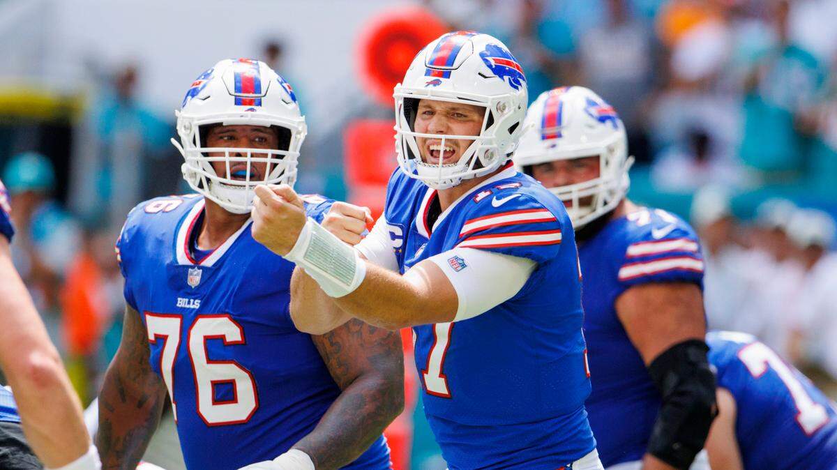 Buffalo Bills quarterback Josh Allen (17) calls a play during the first quarter of an NFL football game against the Miami Dolphins at Hard Rock Stadium on Sunday, September 25, 2022 in Miami Gardens, Florida.