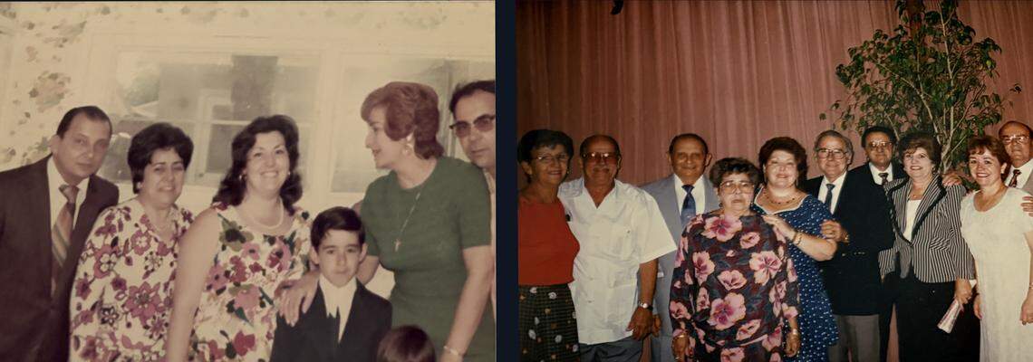Rosendo and Julia Padilla with family and friends in undated pictures. The couple is seen on the far left in the photo to the left. At right, Rosendo is third from left in a gray suit, with his wife standing in front of him.