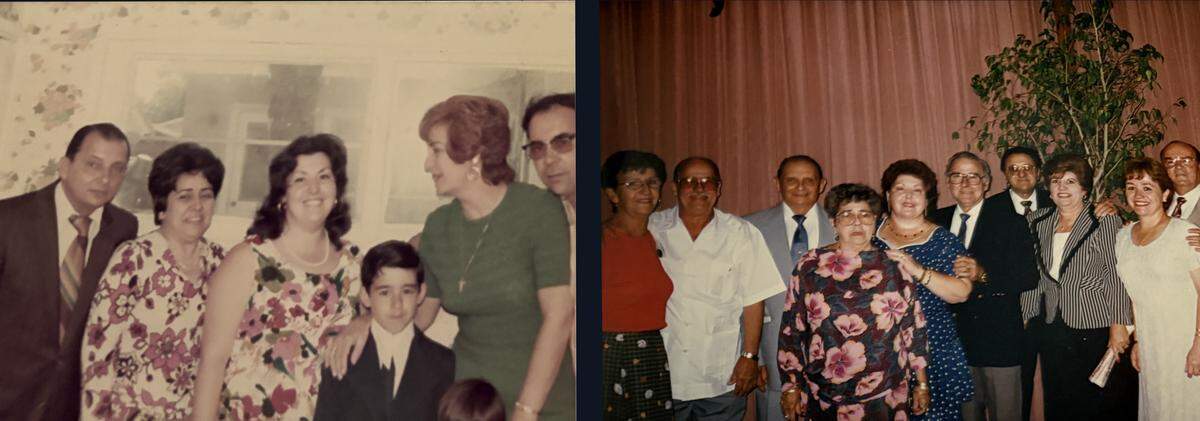 Rosendo and Julia Padilla with family and friends in undated pictures. The couple is seen on the far left in the photo to the left. At right, Rosendo is third from left in a gray suit, with his wife standing in front of him.